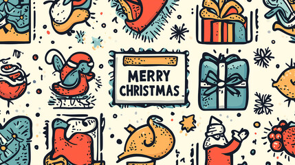 Obraz premium Colorful illustration featuring cheerful Christmas elements such as gifts, decorative patterns, and whimsical holiday motifs.