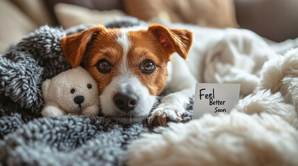 Cozy puppy with feel better soon card on fluffy blanket