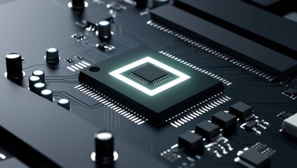 computer microchip on a black circuit board, highlighted by a glowing edge around the chip