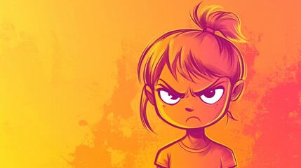 Line art illustration featuring a warm gradient of a cartoon girl expressing anger
