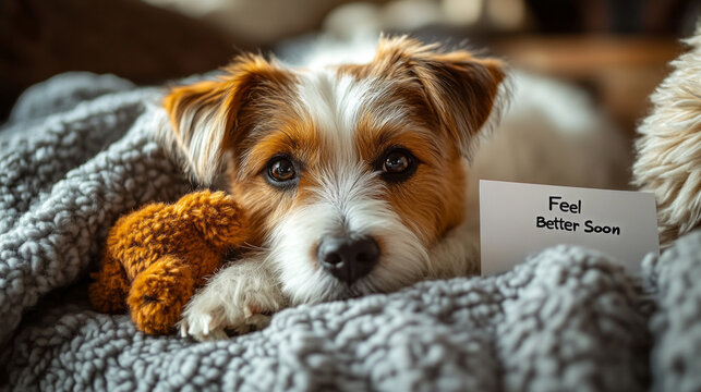 Healing dog resting with toy and get well card on cozy blanket