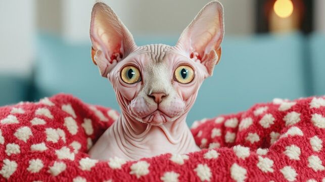 Sphynx cat with hairless skin, large eyes, and unique features resting on cozy blanket. This adorable pet exudes charm and curiosity in warm setting