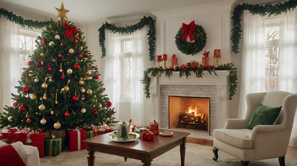 Cozy Traditional Christmas Living Room with Festive Decor and Fireplace, Christmas living room, holiday decor, Christmas tree, fireplace, Christmas decorations