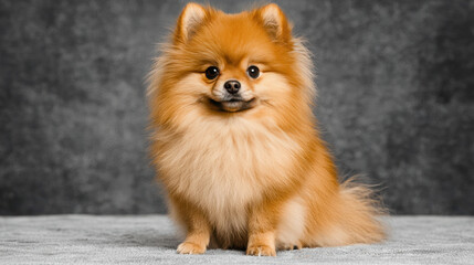 Obraz premium Fluffy Pomeranian dog sitting indoors with soft coat and bright eyes. This adorable pet exudes charm and warmth, making it delightful companion
