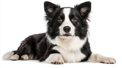 Fototapeta premium Border Collie lying on white background, showcasing its striking black and white fur and expressive eyes. This intelligent breed is known for its agility and herding skills