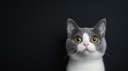 Fototapeta premium Curious cat with big eyes and gray and white coat against dark background, showcasing its alert expression and playful demeanor