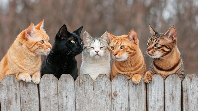 Cats of various breeds sitting on wooden fence, showcasing their unique colors and expressions. scene captures playful and curious atmosphere among feline friends - Powered by Adobe