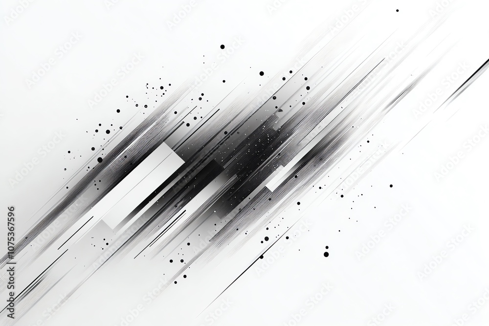 Poster Abstract background with diagonal lines and scattered black dots on a white background.