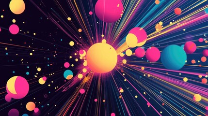 Geometric multicolored line art illustration featuring a burst of neon rays and spheres