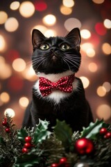 Obraz premium Tuxedo cat with festive bow tie sitting amidst Christmas decor