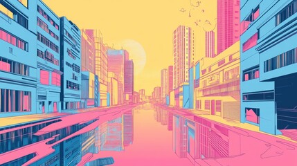 Abstract line art illustration featuring urban elements and backgrounds