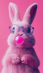 a lovely pink Easter bunny is wearing glasses and blowing a pink bubble gum, against pink background