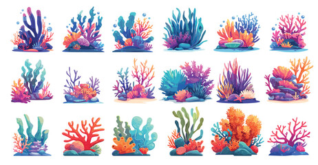 Cartoon sea algae. Underwater seaweed and corals, ocean plants stones aquarium decor, water nature elements set vector illustration