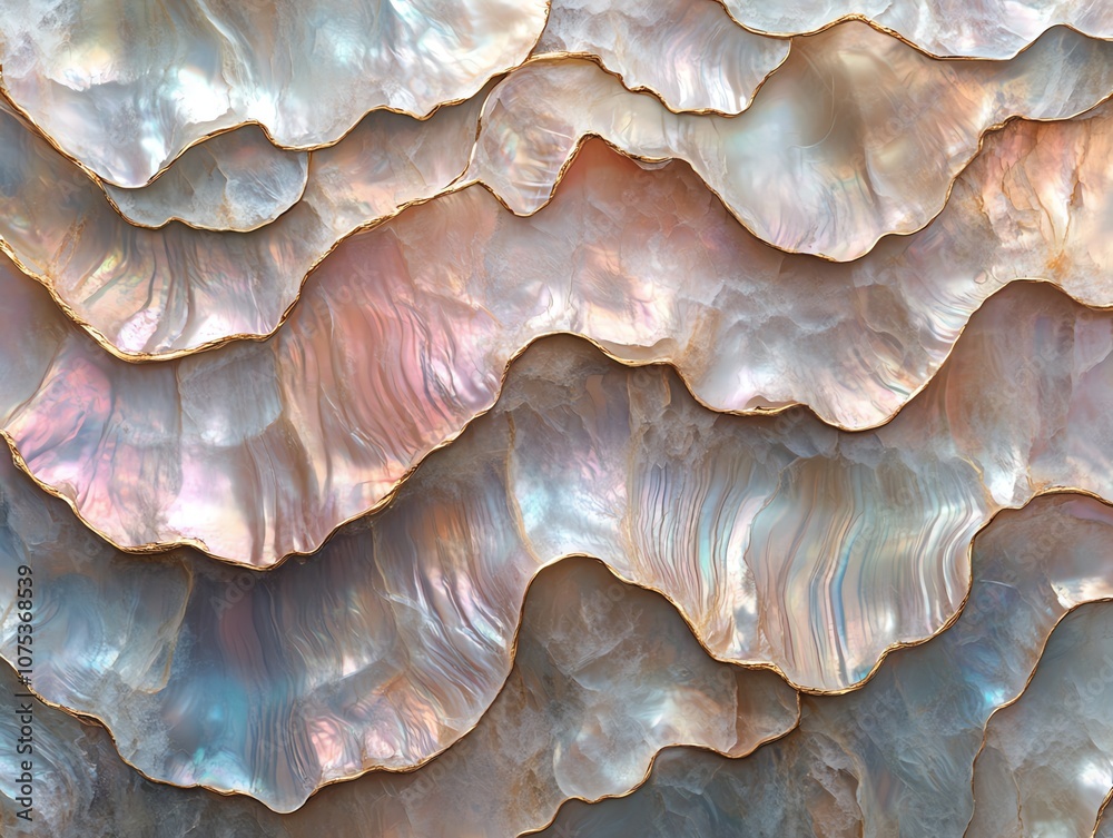 Aufkleber Closeup of iridescent seashells in a wavy pattern, creating a natural abstract background.