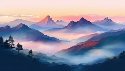 안개가 끼인 산봉우리 동양화