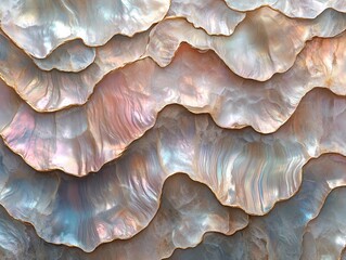 Closeup of iridescent seashells in a wavy pattern, creating a natural abstract background.
