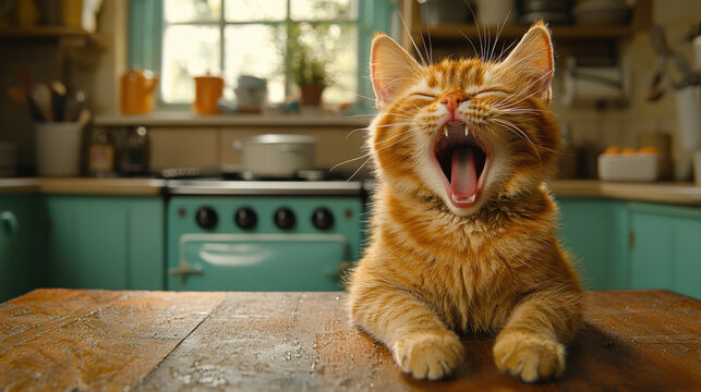 sleepy orange cat yawning and stretching on wooden table in cozy kitchen. warm atmosphere and soft lighting create peaceful scene - Powered by Adobe