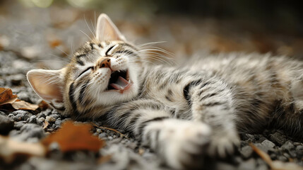 playful tabby cat lying on ground, stretching its paws and yawning happily. scene captures serene moment in nature with fallen leaves around