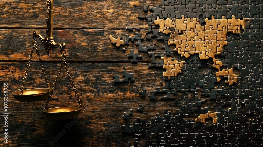 Poster the artwork contrasts one side filled with technological symbols against a representation of justice