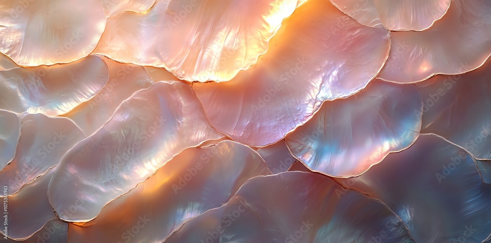 Poster close-up of iridescent, overlapping nacreous scales, with soft lighting.