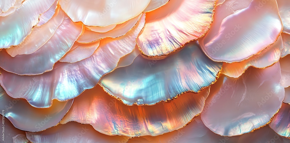 Poster Closeup of iridescent, mother of pearl shells, overlapping and creating a textural and colorful abstract pattern.