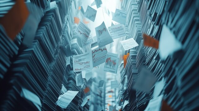 Stacks of Papers with Scattered Financial Documents