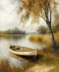 Fototapeta premium Serene Landscape: Tranquil River Scene with Autumn Leaves and a Peaceful Boat