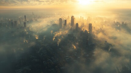 Misty Cityscape with Tall Buildings at Sunrise
