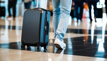 Fototapeta premium Airport, suitcase and person legs for travel, international opportunity or global journey walking in lobby. Luggage, bag