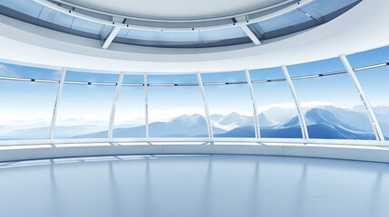 A large, wide open hall or room, with a big windows and view