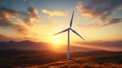 Obraz premium A photo of a wind turbine at sunset.
