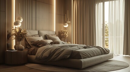 Fototapeta premium Beautiful Colored Mockup Bedroom Interior Blank Poster Decoration Art Background Image, generative AI