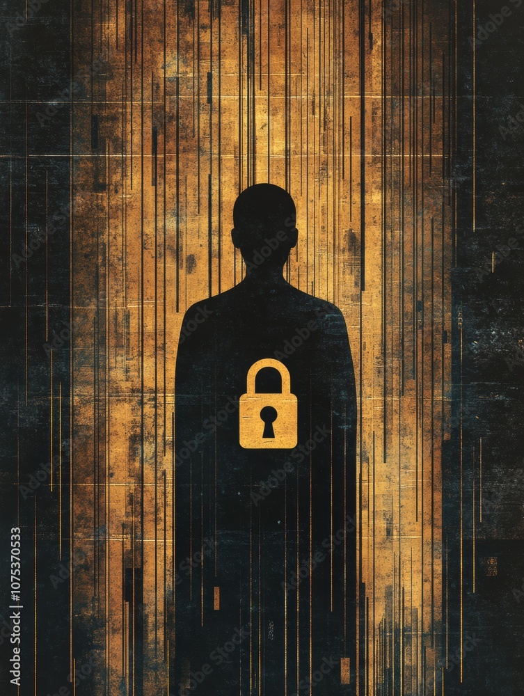 Poster a silhouette stands before a digital background adorned with a lock symbol, symbolizing the importan