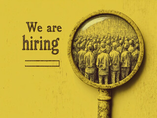 A vintage-style poster advertises job openings, featuring bold black lettering and a rusty magnifying glass, aiming to attract diverse candidates and provide additional information about the position.