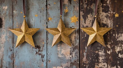 Christmas star decorations with golden sparkles on a rustic background