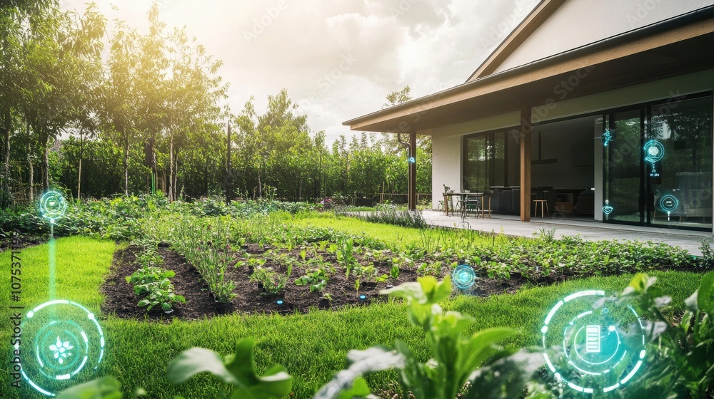 Poster automated sprinklers and soil sensors help maintain a lush smart garden adjacent to a home, enhancin