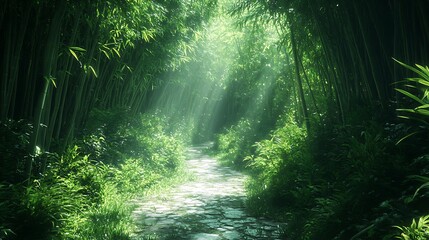 Obraz premium A serene path winds through the lush green bamboo, Beautiful green bamboo forest