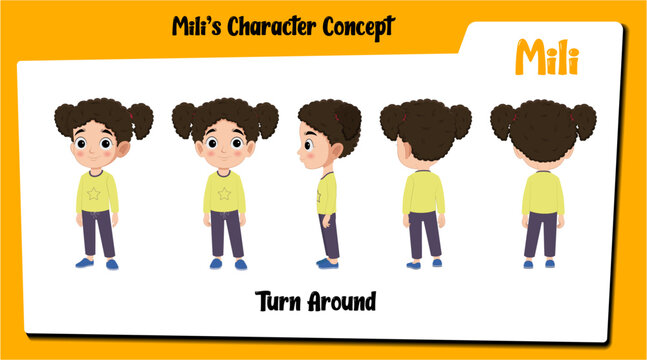 A cute girl cartoon character turnaround sheet AKA Mili, little curly hair girl cartoon vector.