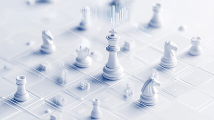 Cyber chessboard with black and white chess where each piece represents a company, with performance metrics and graphs floating above them