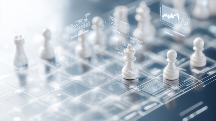 Cyber chessboard with black and white chess where each piece represents a company, with performance metrics and graphs floating above them
