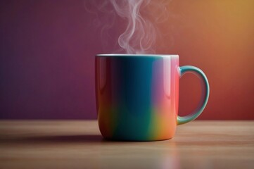 a colorful mug on a wooden table