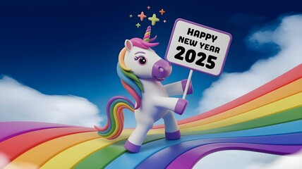 A cheerful unicorn stands on a vibrant rainbow, holding a sign that reads 'HAPPY NEW YEAR 2025'. AI generated