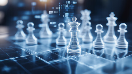 Cyber chessboard with black and white chess where each piece represents a company, with performance metrics and graphs floating above them