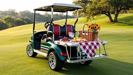 Golf cart set up for picnic with food and wine on green course
