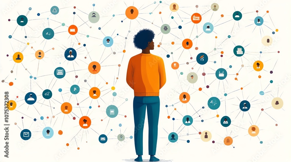 Aufkleber A person stands before a large network of interconnected circles, representing a complex system or network.