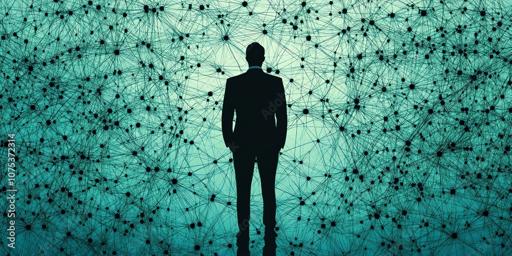 Aufkleber silhouette of a businessman standing in front of a network of interconnected dots on a teal backgrou