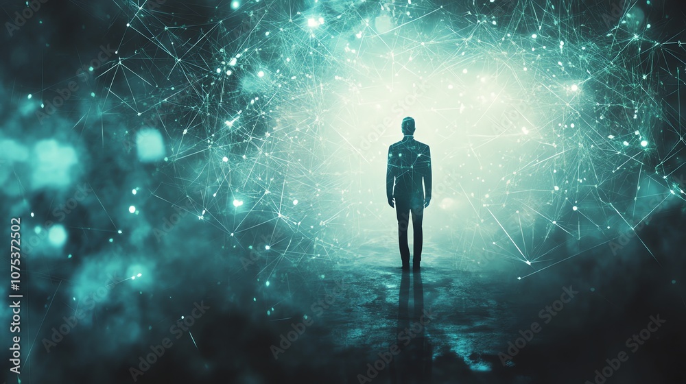 Poster a lone figure stands before a bright light, surrounded by a network of glowing lines. the scene is f