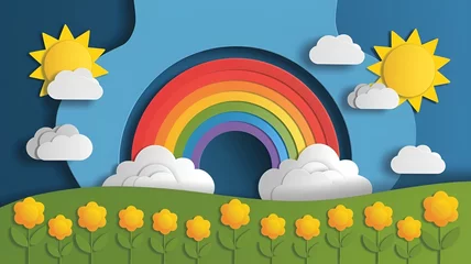 A vibrant cartoon scene featuring a rainbow arching over a green hill adorned with yellow flowers, surrounded by fluffy clouds and smiling suns.  AI generated.