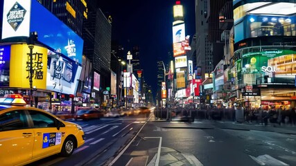 A bustling city street at night with vibrant lights and busy traffic, capturing the energy of urban life. Great for nightlife, travel, and cityscape themes.