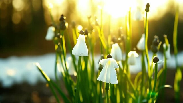 Early spring flowers in soft sunlight, surrounded by delicate greenery, evoking themes of renewal, growth, and the beauty of nature. Ideal for seasonal or nature themes.